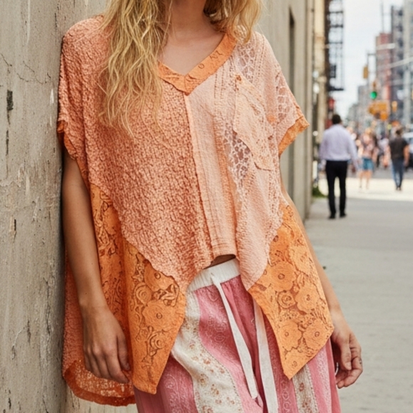 POL Lace Patchwork Asymmetrical Drape Shirt Oversized V-Neck Exposed Seam Top - Picture 8 of 12